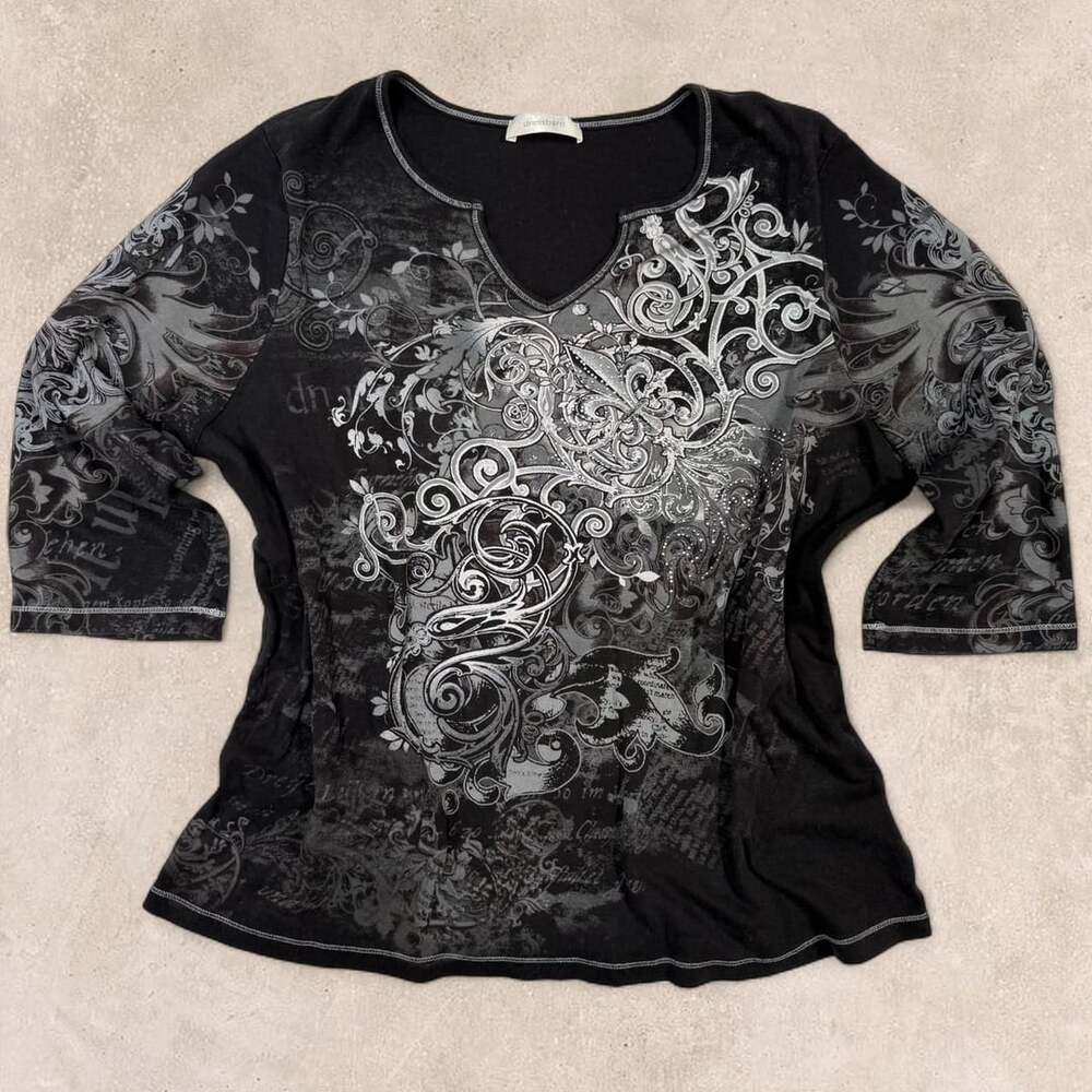 Dressbarn Y2K Rhinestone Graphic Top Size 2X Black Silver Grunge Goth